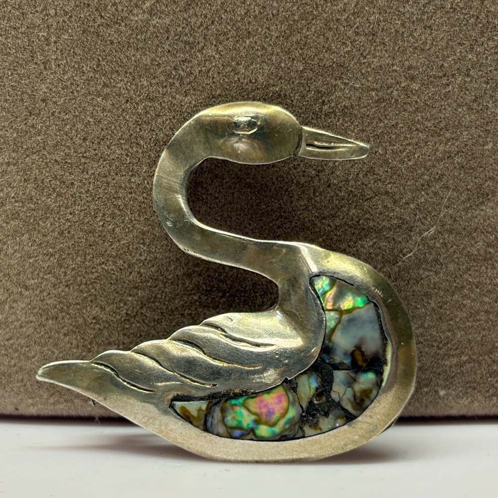 Vintage Taxco Mexico Sterling Silver Abalone Shell Inlay Swan Brooch Pin 925